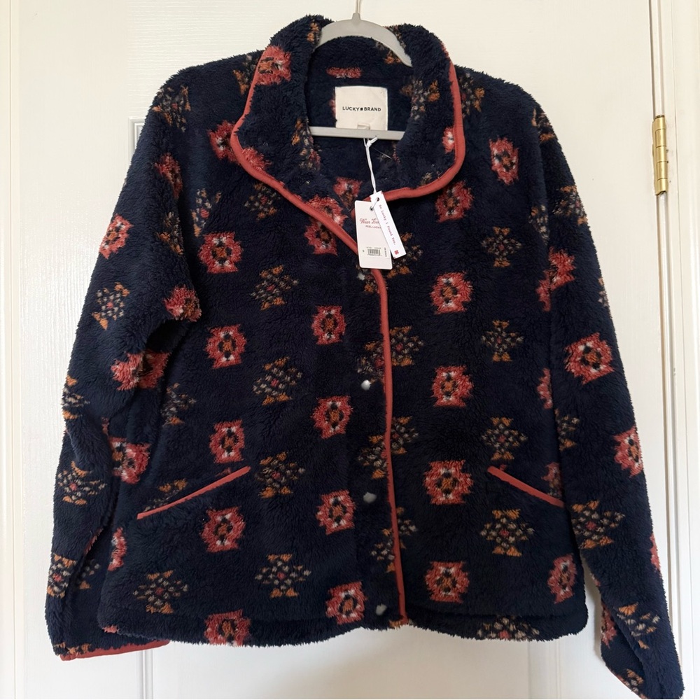 Lucky Brand Women's Patterned Teddy Fleece Jacket - Navy and Terracotta